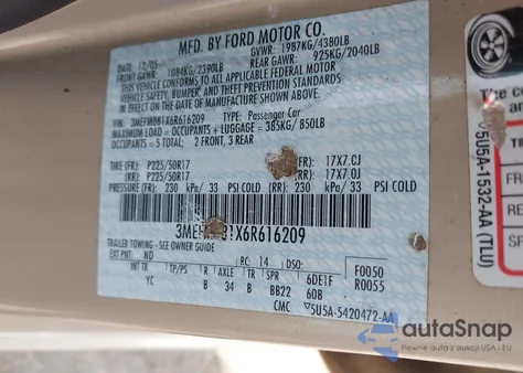 2006 Mercury Milan V6 Premier from USA, damaged, VIN 3MEFM081X6R616209